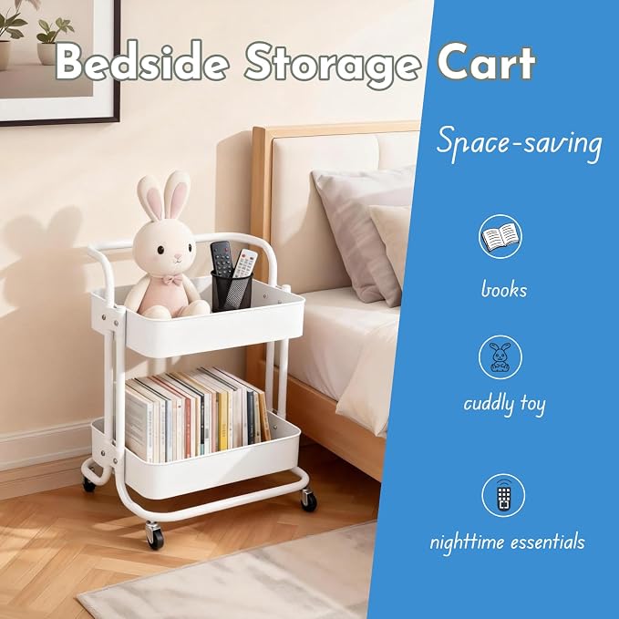 2 Tier Cart with Wheels Under Desk Storage with Handle, Metal Rolling Pantry Cart for Kitchen White Small Rolling Basket for Laundry Room Bathroom, Utility Shelf Organizer for Small Space - Image 9