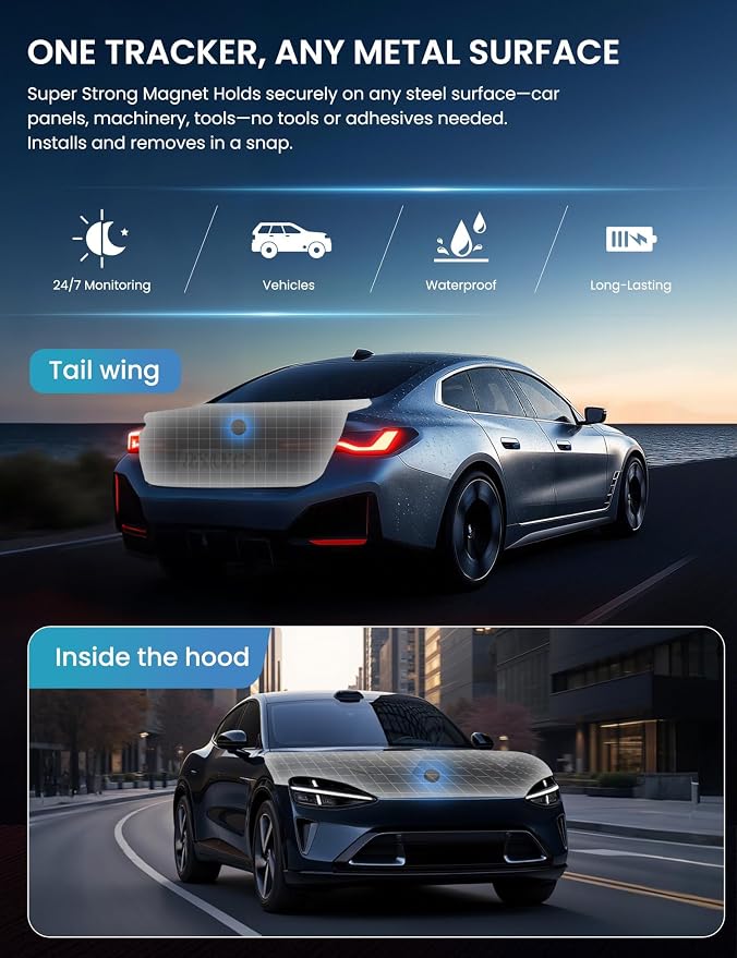 GPS Tracker for Vehicles iOS & Android, Undetectable Mini Hidden Magnetic Locator, No Monthly Fee/No SIM Card, Silicone Case & Keychain Clip Included, Ultra-Slim, IP68 Waterproof, 1 Year Working Time - Image 2