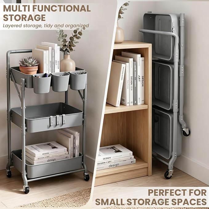 Foldable 3 Tier Rolling Cart, Metal Utility Cart with Wheels | Collapsible Rolling Storage Cart with 3 Hanging Cups, Folding Storage Trolley Organizer Cart for Home Office Kitchen(Grey) - Image 3