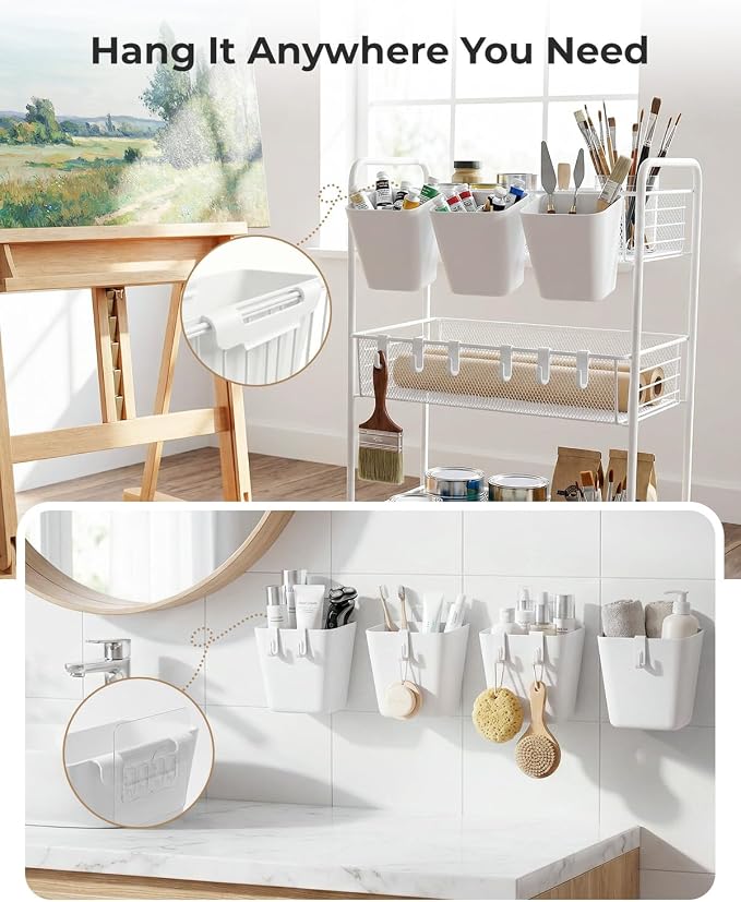 6 Pack Rolling Cart Accessories, White Craft Cart Cup Holder and 8 Hooks for Utility Carts Accessories, Adhesive Kitchen Cabinet Door Storage, Space-Saving Wall Mount Organizer for Bathroom, Office - Image 5