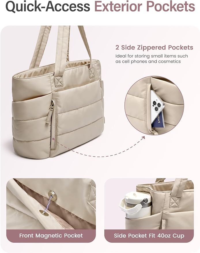 Uselike Tote Bag for Women with Zipper, Quilted Puffer Tote Bag with Compartments, Lightweight Puffy Work Bags for Women - Image 4