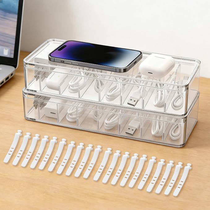 2 Pack Cable Organizer Box with Lid - Stackable Charger Cord Storage Organizer with 20 Wire Ties - Adjustable Compartments Phone Cables Wire Management Box for Drawer Desk Office Home Accessories by Ubyyddo