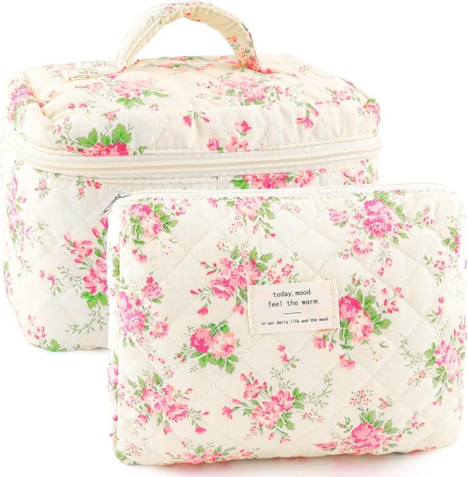 URSKYTOUS 2Pcs Cotton Quilted Makeup Bag for Women Extra Large Small Travel Cosmetic Bag Set Cute Pink Floral Print Makeup Pouch Portable Toiletry Bag Organizer Coquette Vintage Puffy Travel Essential by URSKYTOUS