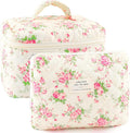 URSKYTOUS 2Pcs Cotton Quilted Makeup Bag for Women Extra Large Small Travel Cosmetic Bag Set Cute Pink Floral Print Makeup Pouch Portable Toiletry Bag Organizer Coquette Vintage Puffy Travel Essential by URSKYTOUS