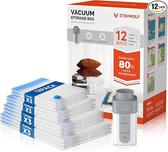 ETENWOLF 12 Combo Vacuum Storage Bags for Travel with Wireless Pump | Vacuum Seal Bags for Clothing Travel, Compression Packing Bags for Clothes and Blankets, Space Saver Bags in Carry-On Sizes by ETENWOLF