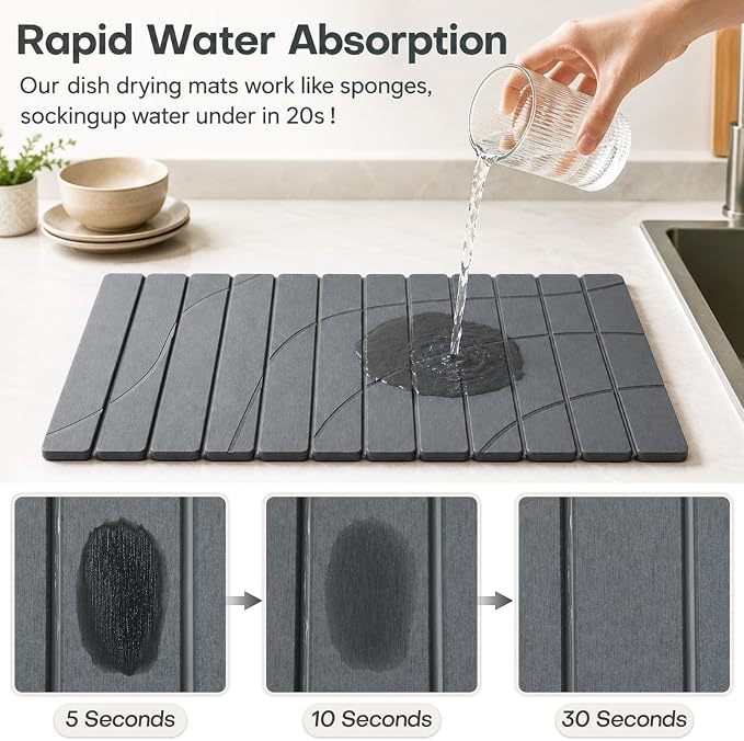 Extra Large Stone Dish Drying Mat for Kitchen Counter, Quick Dry Stone Dish Mats, Foldable Water Absorbing Diatomaceous Drying Pad for Countertop Bottles Utensils Bathroom (Flow Line Gray 32"x16") - Image 3