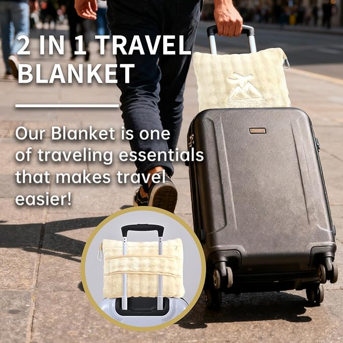 Travel Blanket and Pillow-2-in-1, Ultra-Soft&Compact, Airplane Blanket with Hand Luggage Belt and Backpack Clip,Travelers Accessories Gifts, 61x43 Inches（White） - Image 4
