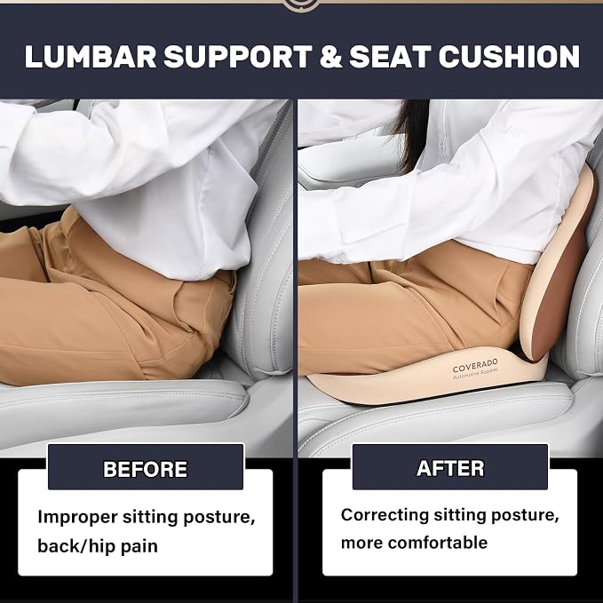 Coverado Car Seat Cushion and Lumbar Support Pillow, Memory Foam Ergonomic Back Support Driving Seat Cushion for Sciatica, Tailbone, Back Pain, Non-Slip Washable Cushion for Car, Driver, Office - Image 4