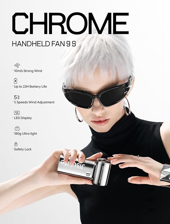 JISULIFE Handheld Fan Life9S - Sleek Chrome: Turbo Power, 22 Hours Cooling | LED Display, 5000mAh, 5-Speeds, Mini Portable Fan for Travel, Cruise, Concerts, Trendy Gifts for Women Men -Chrome - Image 3