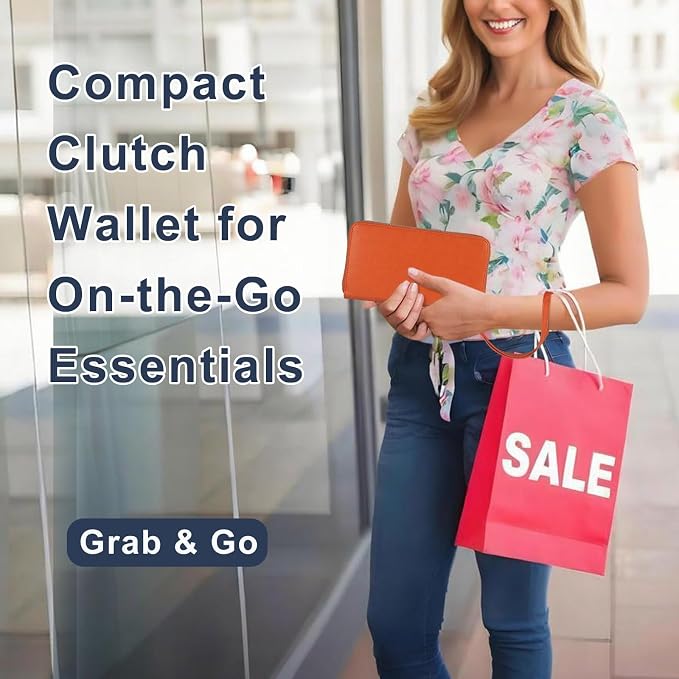 RFID Blocking Cellphone Wallet for Women Dual Zipper Wristlet Large Capacity 17 Card Slots Ladies Travel Clutch Purse with Removable Strap, Orange - Image 3