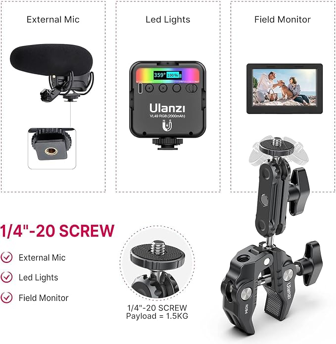 ULANZI Super Clamp Camera Clamp Mount Monitor 360° Ballhead Magic Arm Double Ball Head Adapter with 1/4"-20 & 3/8"-16 Thread for Canon Nikon DSLR Camera/Gopro/LED Lights/Ronin-M/Ronin MX/Freefly MOVI | Ball Head Adapter with 1/4"-20 & 3/8"-16 Thread fo... - Image 7