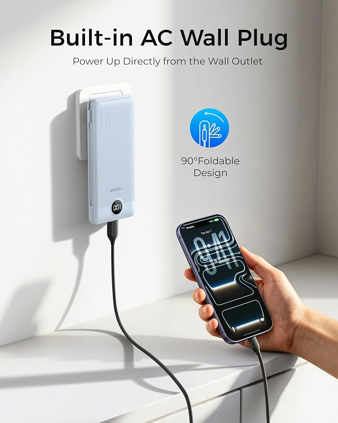VEGER Portable Charger for iPhone, Power Bank Built in Cables and Wall Plug | 10000mAh,Ultra Slim&Compact,5 Outputs,LED Display,Power Bank for iPhone,Samsung,Travel Essentials for Camping Cruise Business - Image 2
