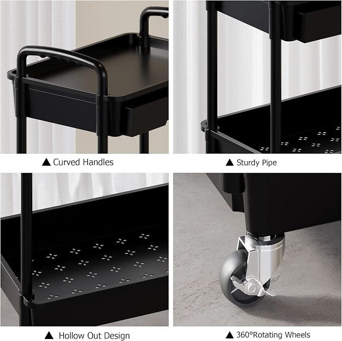 3 Tier Rolling Utility Cart with Drawer, Plastic Storage Organizer Rolling Carts with Wheels Handles Hanging Cups Hooks for Office, Bathroom, Kitchen,Craft Art Room (Black) - Image 5