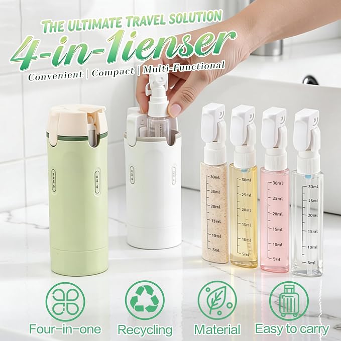 4 in 1 Travel Dispenser Bottle Flying Essentials Camping Toiletries Pump Leak Proof Size Portable Containers Refillable for Shampoo Lotion Creams Body Wash Conditioner Attached Label (White) - Image 3