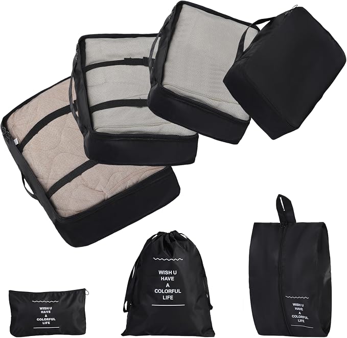7 Set Packing Cubes for Travel,Suitcase Organizer Bags for Luggage with Shoe Bag, Vacation Travel Essentials & Accessories for Cruise Ship, Airplane Must-Have,Road Trip & Camp Gifts(Black) by AOVDY