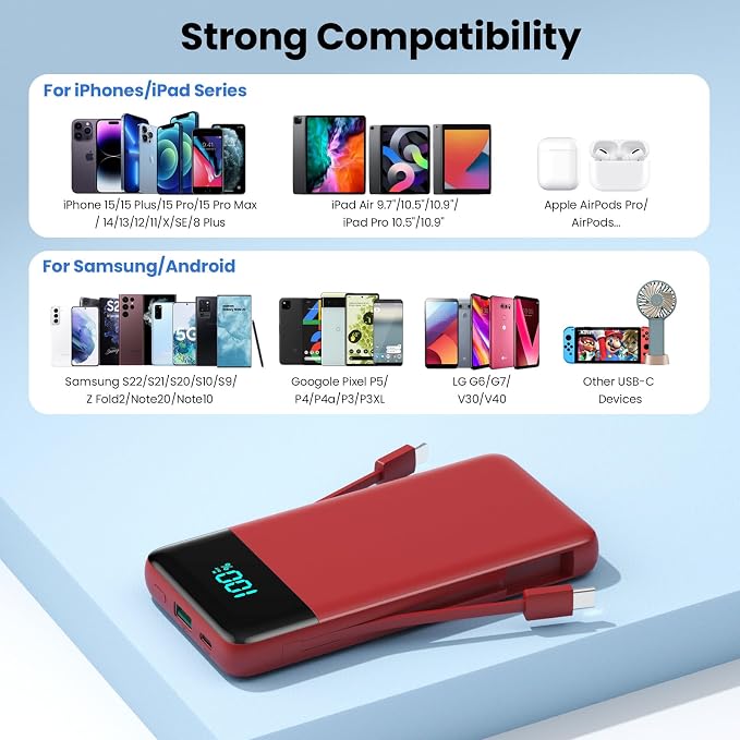Portable Charger for iPhone,13800mAh Slim Power Bank with Built-in Cables & AC Wall Plug,All in One 4 Outputs USB C Fast Charging Battery Pack Travel Essential for iPhone 17/16/15/14,Android (Red) - Image 7