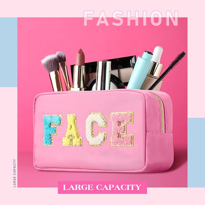 Preppy Makeup Bags Chenille Letter Stuff Bag Nylon Cosmetic Pouch Cases with Zipper for Women Travel Toiletry(Cute Color,Vivid,4 Pcs) - Image 3