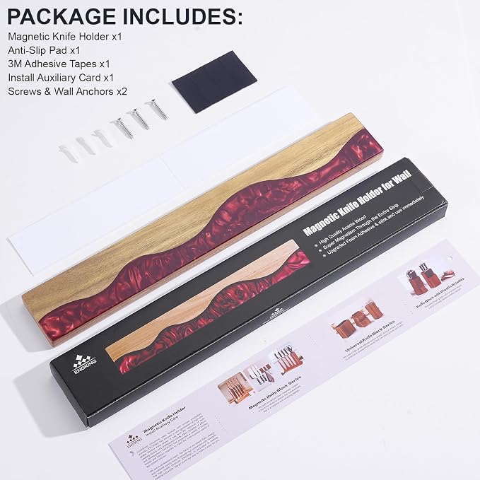 Magnetic Knife Holder for Wall 16 Inch, Acacia Wood Epoxy Resin Magnetic Knife Strip Bar, Powerful Magnet Kitchen Knife Storage Rack, Space-Saving Wall Mounted Organizer ("Ruby" Red Resin) - Image 6