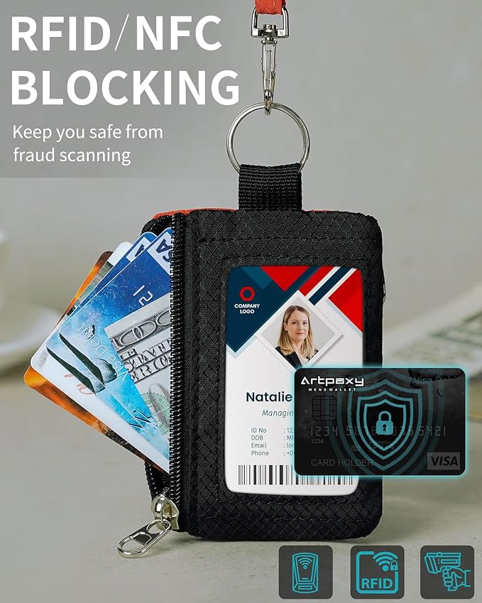 Artpaxy Minimalist Wallet For Mens Womens, Keychain RFID Blocking Zipper Small Wallet with ID Window 2 Lanyards,Water Resistant Travel Cash Card Coin Case Boys Girls - Image 6