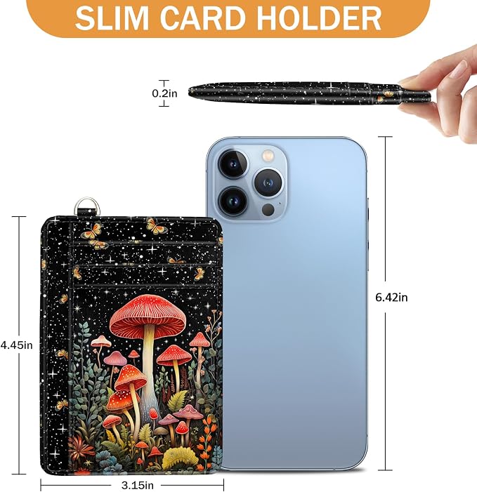 Yonlevres Mushroom Credit Card Holder Slim RFID Wallet Women Small Travel | Front Pocket, Handy, RFID Blocking, Woman Girls Ladies Gifts, D-ring for Keychain,Thin Mini Card Case, ID Window, PU Leather - Image 6