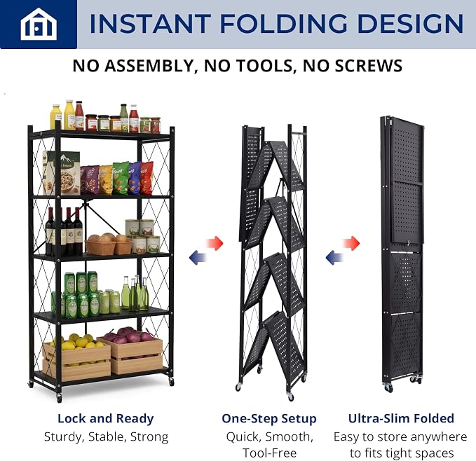 5 Tier Foldable Storage Shelf with Wheels, Heavy-Duty Metal Shelving Unit, No Assembly Book Shelf Rolling Storage Rack for Garage, Kitchen, Pantry, Closet, Exhibition, Office Decor, Black - Image 3