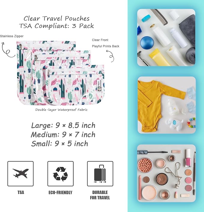 HIONXMGA Set of 3 Clear Travel Toiletry Bag, TSA Approved, Quart Size S/M/L | Clear Front Zipper Pouches Waterproof Cosmetics Bags for Women Kids Toiletries Baby Essentials Well-Organized Carry, Cacti B - Image 5