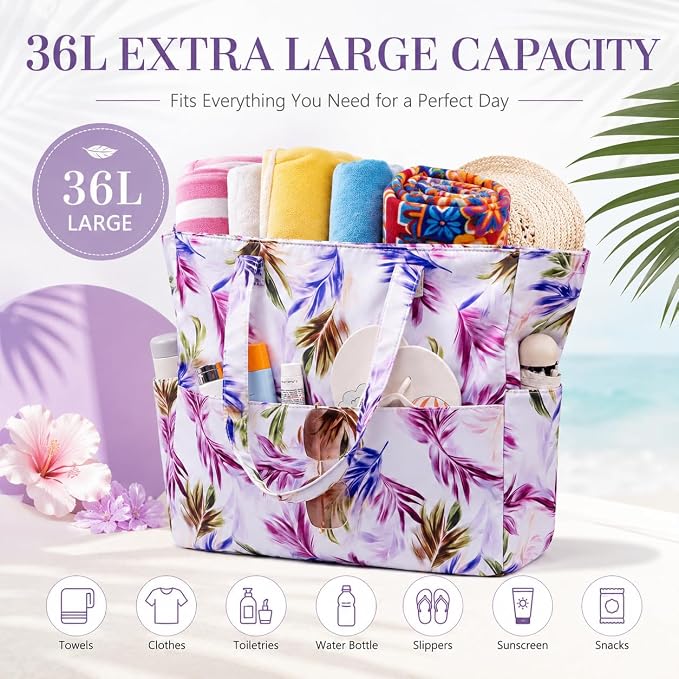 LEDAOU Large Beach Bag for Women, Waterproof Sandproof Tote Bag with Zipper | 36L Pool and Swim bag with Zipper, Wet/Dry pocket and 7 Pockets for Beach Days, Cruises, Vacations and Family travel - Image 9