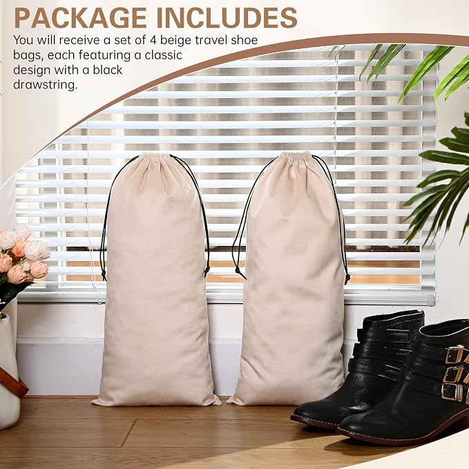 4 Pcs Flannel Cloth Shoe Bags for Travel, 8 x 17 Inches Dust Pouch with Drawstring Closure, Washable Breathable Cotton Fabric for Luggage(Beige) - Image 4