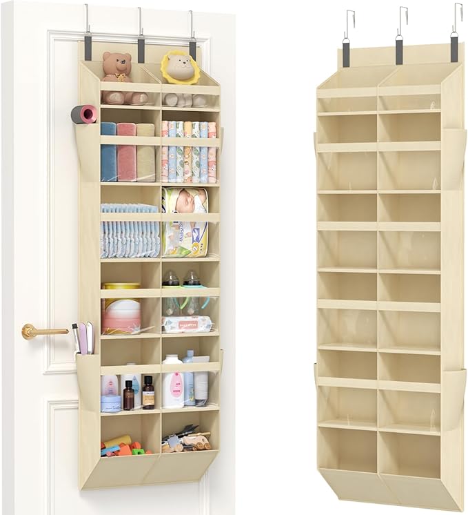 Lifewit 1 Pack Over the Door Organizer, 12 Section Clear Window Hanging Storage with 4 Side Pockets, Sturdy Anti Tilt 40 lbs Load Behind Door for Closet, Bedroom, Bathroom, Nursery, Dorm, Beige by Lifewit
