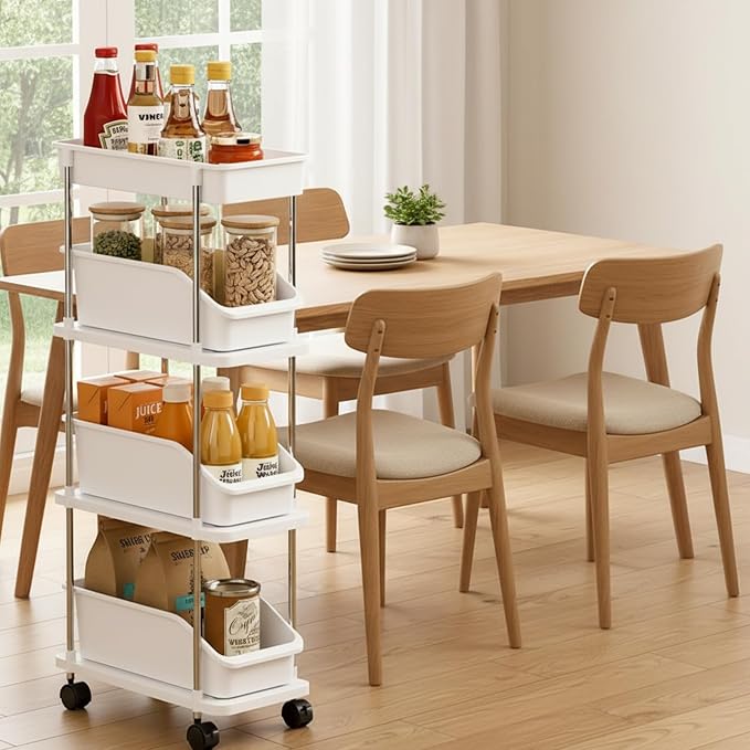 Slim Storage Cart 4 Tier Slim Rolling Utility Cart with Pull-Out Baskets & Wheels for Narrow Space in Kitchen Dining Room Bathroom Laundry Room Cream White (Width 6.3 Inches) - Image 5