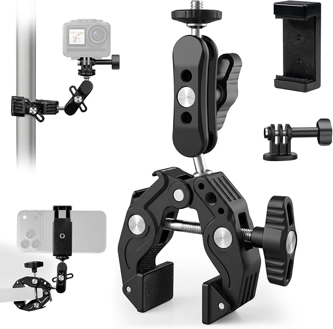 AKASO Camera Super Clamp Mount with Phone Clip Dual Ballhead Magic Arm | Clamp Mount with Cold Shoe for GoPro, Insta360, DJI Action, Osmo 360, EK7000/EK7000 Pro, Brave 4, Brave 7 LE Action Cameras by AKASO
