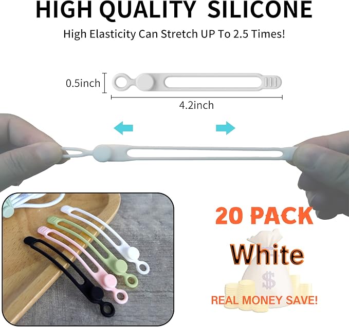 [20Park]UMUST Silicone Cable Ties, Reusable Cable Management Organizer,Cable Straps,Cord Ties,Multipurpose Elastic Cord Organizer for Bundling and Fastening Cable Cords Wires(white) | Reusable Cord Ties, Cable Strap Tie for Bundling Electronics Wire,Ho... - Image 3