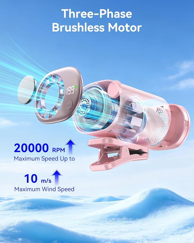 Clip-On Portable Fan with Ice Cooling, 20000 RPM Rechargeable Handheld Turbo Fan, 360° Rotating Detachable Clip, Mini Stroller Fan for Baby, Compact Travel Essentials, Summer Gifts for Women,Pink - Image 6