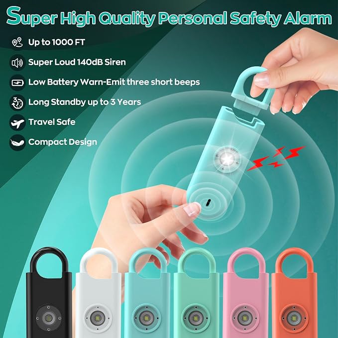 Fauxomor 140dB Personal Safety Alarm for Women 3pack Self Defense Keychain | Super Loud Siren with Low Battery Notice & Strobe Light, Long Battery Life, Portable for Kids College Girls, Blue+Green+Pink - Image 3