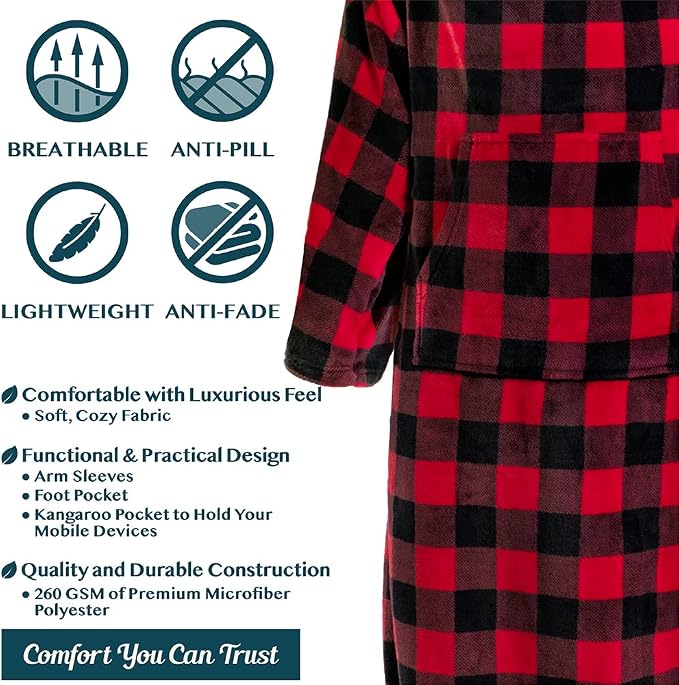 PAVILIA Fleece Blanket with Sleeves, Foot Pockets for Women Men Adults, Plush Wearable Blanket Throw Wrap, Warm Snuggle Blanket Robe, Cozy Gift Ideas Wife Mom, Checkered Red - Image 4