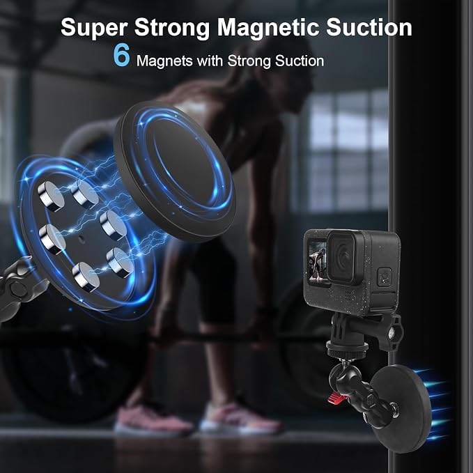 Magnetic Camera Mount for Action Camera- Strong Magnet Base with 360° Rotation Ball Head Magic Arm &1/4"-20 Thread & Phone Holder,Metal Compatible with Pocket 3 /X4/X3 for Car Gym,JC024 - Image 2
