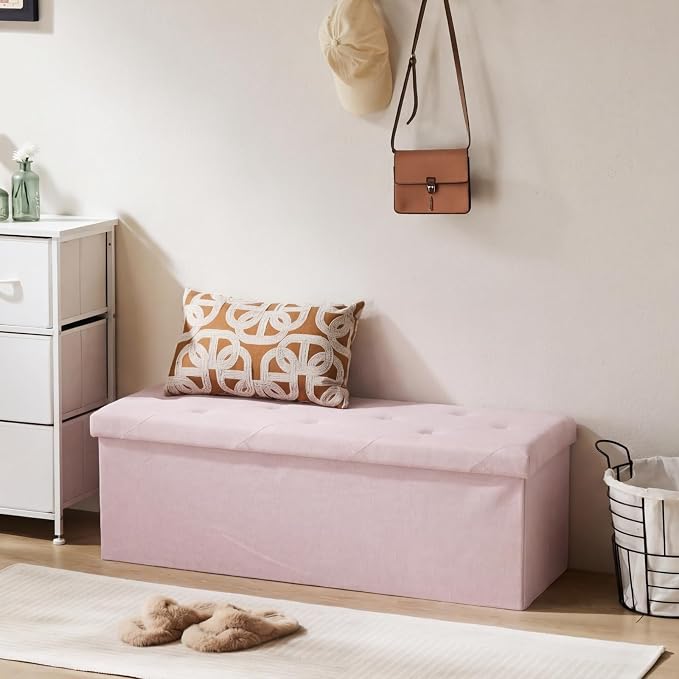 DUMOS 43 Inch Folding Storage Ottoman Bench, Large Ottoman with Storage | Storage Chest with Thicker Foam Padded Seat, End of Bed Foot Rest Stool for Bedroom Living Room Entryway, Load 660 lbs, Pink - Image 2