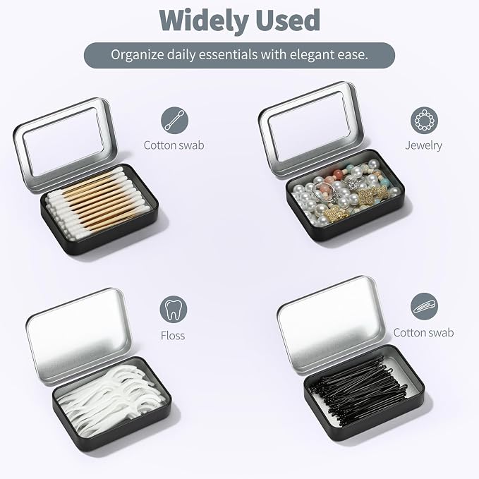 HAOGUAGUA 4 Pcs Travel Containers - Qtip Travel Case and Floss Pick Holder Box, Portable Cotton Swab Organizer Dispenser with Dustproof Lid for Hair Ties Cotton Pad jewelry Small Items (Black) - Image 3