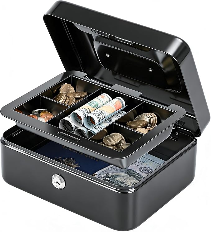 KYODOLED Small Metal Lock Box with Key for Cash and Medication, 2 Keys | Portable Handle, Removable Coin Tray, Lower Storage for Bills and Small Items, Ideal for Gifting, 7.87 x 6.3 x 3.35 in, Black by KYODOLED