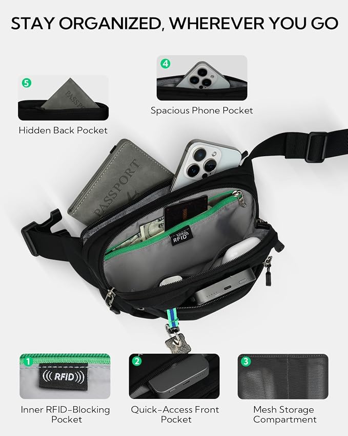 WATERFLY Small RFID Fanny Pack: 1.5L Waist Bag 12" Extender Belt for Hiking | Anti-Theft, Slim Lightweight Water-Resistant Fabric, Reflective Strip, Breathable Padding, Running Travel Walking, Women Men - Image 5