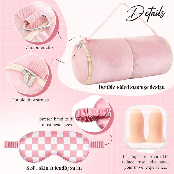 HunnmingRe 5 Pcs Travel Pillow and Blanket Set, 5 in 1 Travel Airplane Compact Includes 40 x 60 Inch Throw Blanket Eye Mask Neck Pillow Earplug and Bag Gifts for Travelers Women(Checkered,Pink) - Image 5