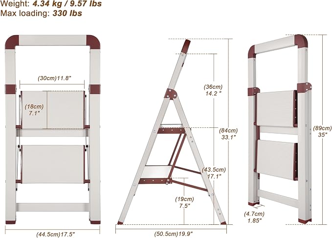 Step Ladder 2-Step White Finish Aluminum Iron Folding Ladders | Anti-slip Sturdy Foldable Ladder Step Stool for Kitchen Home Office Libaray - Image 2