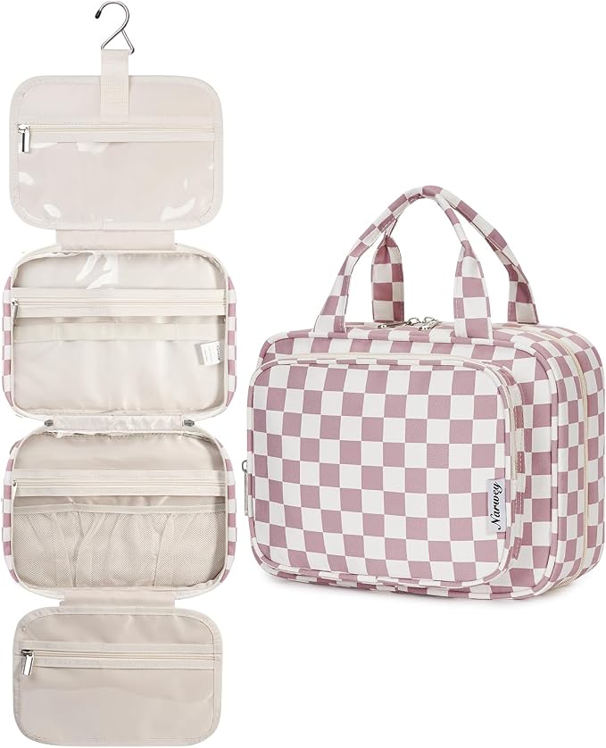 Narwey Hanging Toiletry Bag for Women Travel Makeup Bag Organizer Toiletries Bag for Travel Size Essentials Accessories Cosmetics (Dusty Pink Checkerboard (Medium)) by Narwey