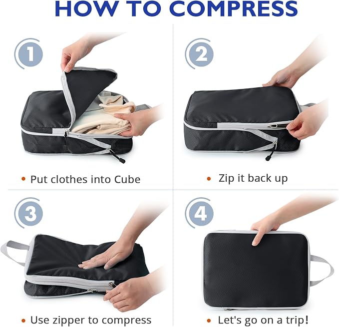 Compression Packing Cubes, 8 Set Packing Cubes for Travel Compression, Lightweight Compressible Package Organizer for Carry On and Suitcases, Black and Grey - Image 7