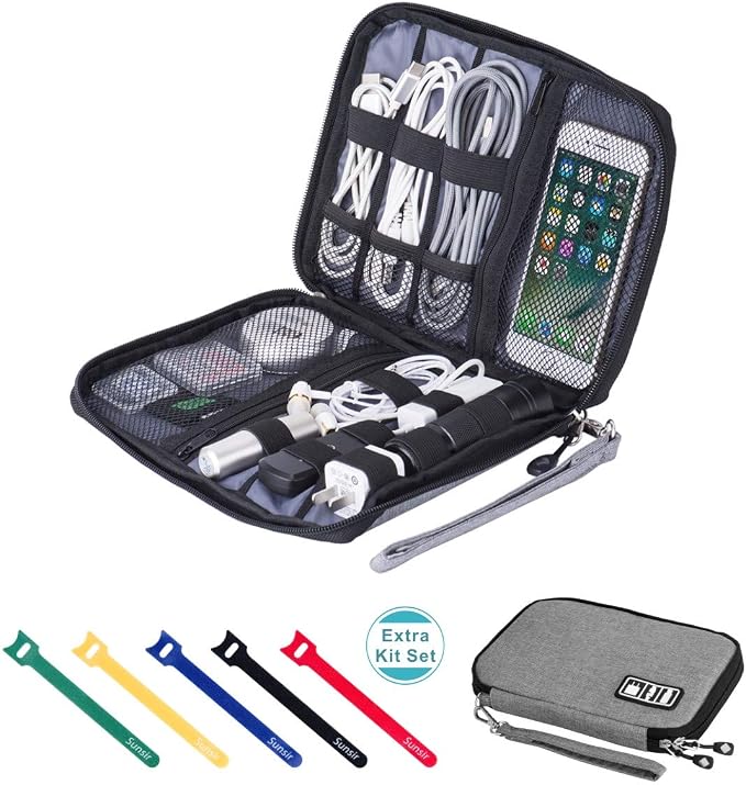 Travel Cable Organizer Bag Waterproof Portable Electronic Accessories Organizer for USB Cable Cord Phone Charger Headset Wire SD Card with 5pcs Cable Ties(Grey) by Sunsir