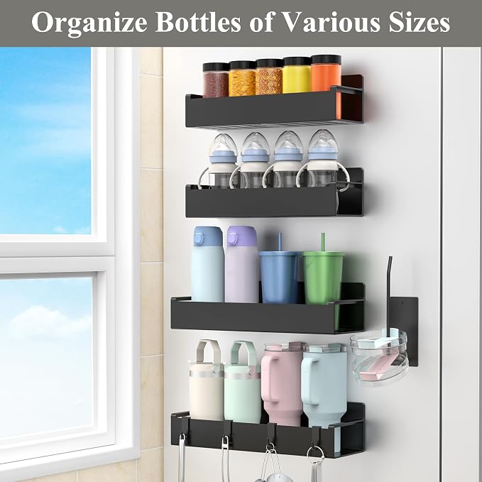 HuggieGems Magnetic Water Bottle Holder for Fridge Black, 4 Pack | Tumbler Organizer with Hooks, Cup Holder Organizer Storage, Refrigerator Shelf for Stanley, Owala - Image 6
