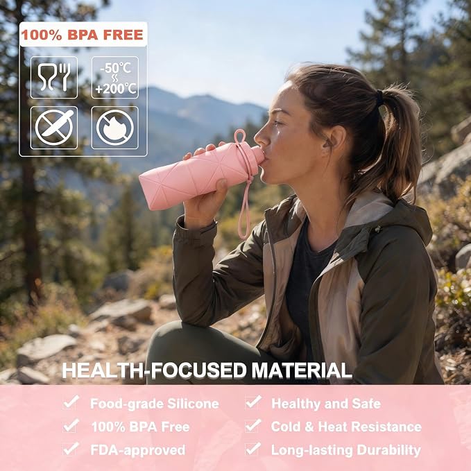 Collapsible Water Bottles 20oz (600ml), BPA-Free Silicone Foldable Portable Lightweight Reusable Water Bottle with Leak-Proof Lid & Lanyard for Outdoor Travel Cycling Gym & Camping - Image 6