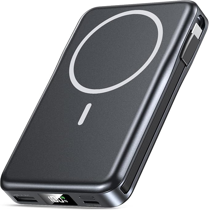 Magnetic Portable Charger 10000mAh, 20W Power Bank with Built in Cable | 20W Fast Charging for Magsafe Battery Pack with LED Display, Travel Essential for iPhone 17/16/15/14/13/12 Pro/Pro Max-Black by Unknown