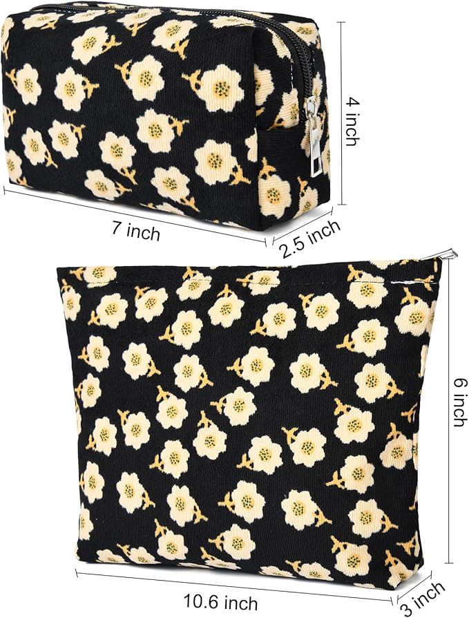 SOIDRAM 2 Pieces Flower Makeup Bag Large Cosmetic Bag Capacity Canvas Mix Travel Toiletry Bag Organizer Cute Makeup Brushes Aesthetic Accessories Storage Bag for Women, Flower Mix Black - Image 3