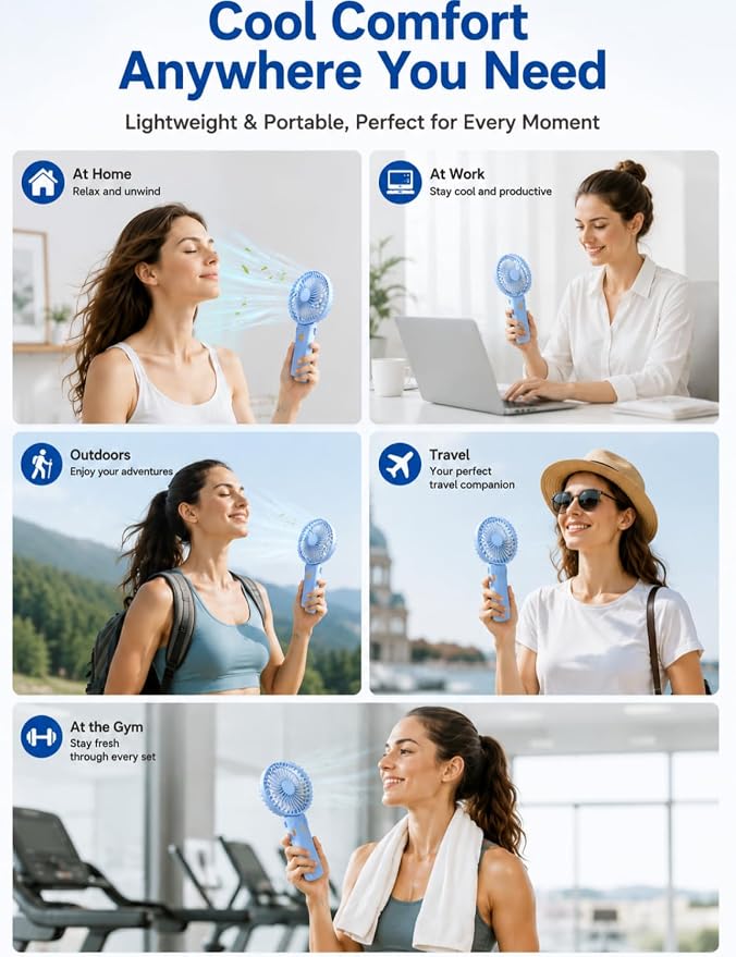 Portable Mini Fan, Quiet Foldable Fan with Lanyard | 4 Speeds, 15H Rechargeable Battery, Portable Pan for Travel, Home, Office, Outdoor, Makeup, Women, Men, Blue - Image 7